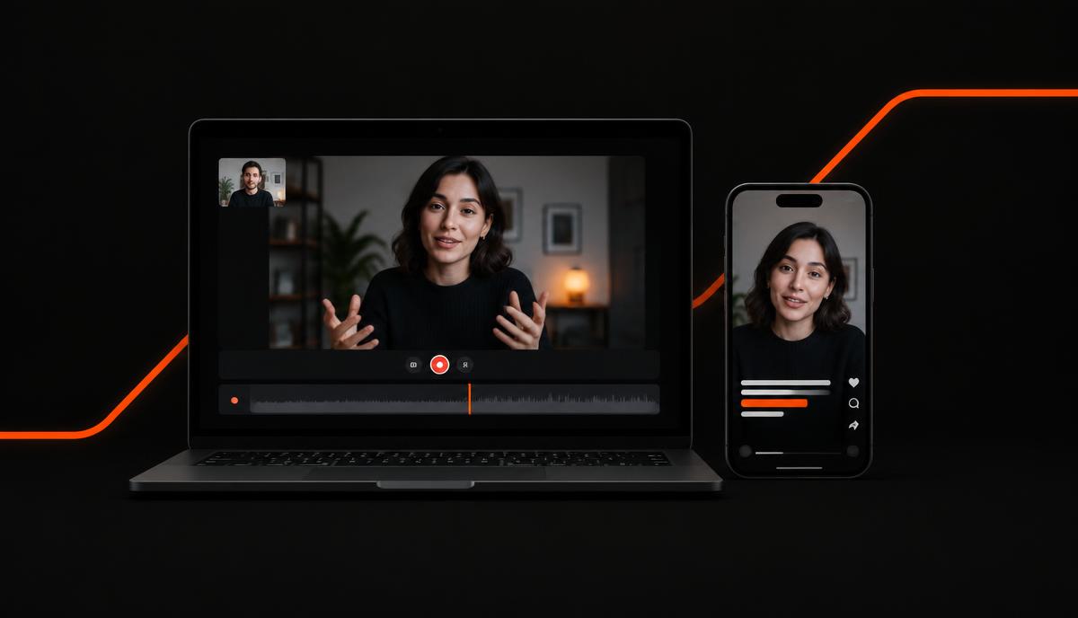 A recorded client call on a laptop next to the same moment as a captioned vertical reel on a phone