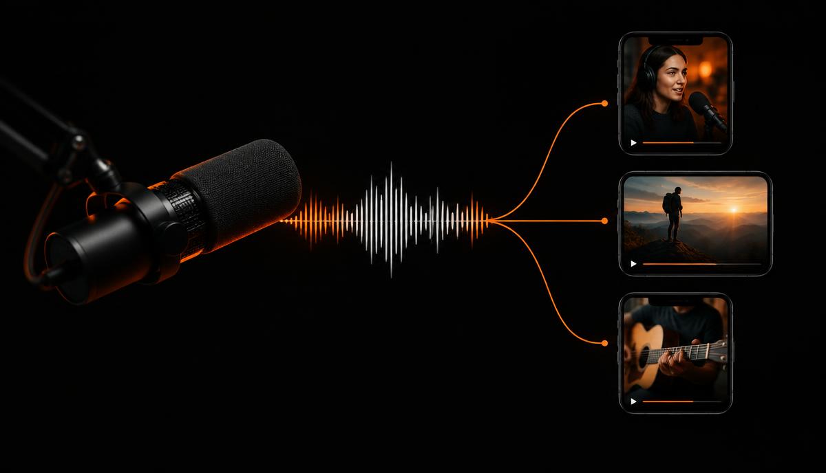 A podcast microphone with a waveform splitting into three short video clips on phone screens